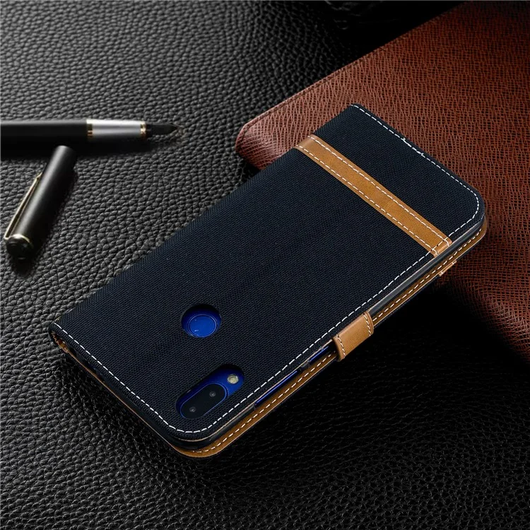 Zweifarbige Jeans-Stoff-PU-Leder-Klapphülle für Xiaomi Redmi Note 7S /Note 7 / Redmi Note 7 Pro (Indien) - Schwarz