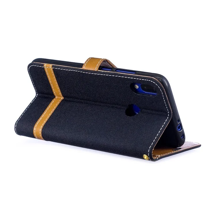 Zweifarbige Jeans-Stoff-PU-Leder-Klapphülle für Xiaomi Redmi Note 7S /Note 7 / Redmi Note 7 Pro (Indien) - Schwarz