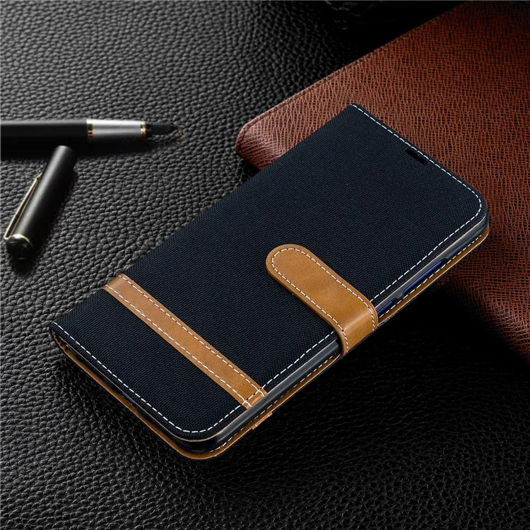Zweifarbige Jeans-Stoff-PU-Leder-Klapphülle für Xiaomi Redmi Note 7S /Note 7 / Redmi Note 7 Pro (Indien) - Schwarz