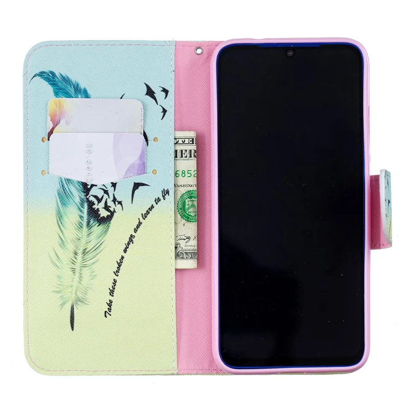Pattern Printing PU Leather Folio Flip Phone Cover for Xiaomi Redmi Note 7S /Note 7 - Feather Pattern