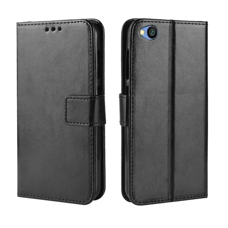 Crazy Horse Wallet Stand Leather Case with Strap for Xiaomi Redmi Go - Black