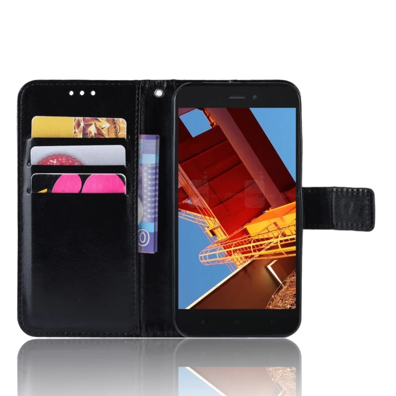 Crazy Horse Wallet Stand Case de Cuero Con Correa Para Xiaomi Redmi Go - Negro