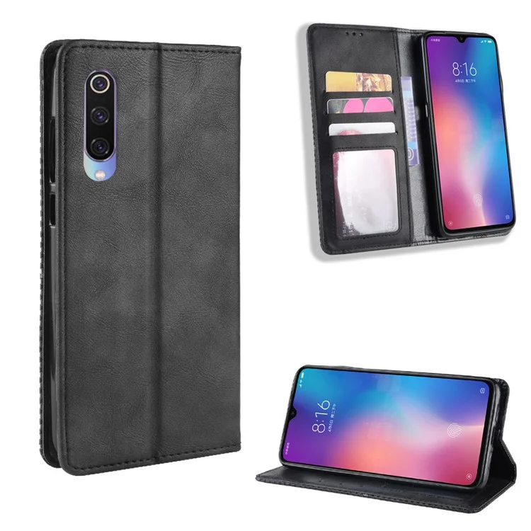 Vintage Style Leather Wallet Case for Xiaomi Mi 9 SE - Black