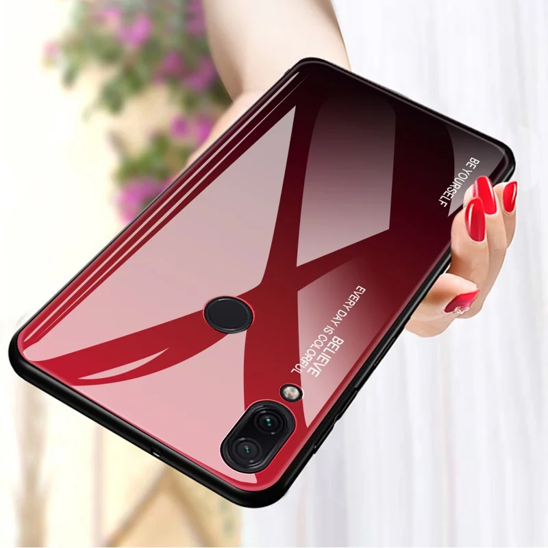 Scratch Resistant Gradient Glass TPU + PC Phone Case for Xiaomi Redmi Note 7S / Note 7 - Red