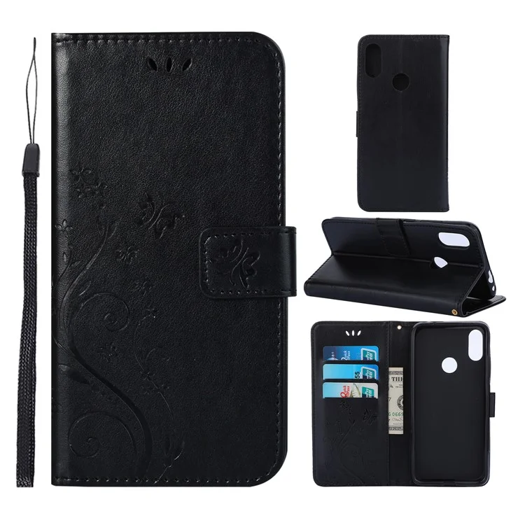 Empreinte Butterfly Flower en Cuir Portefeuille Pour Xiaomi Redmi Note 7s / Remarque 7 / Note 7 Pro (inde) - le Noir