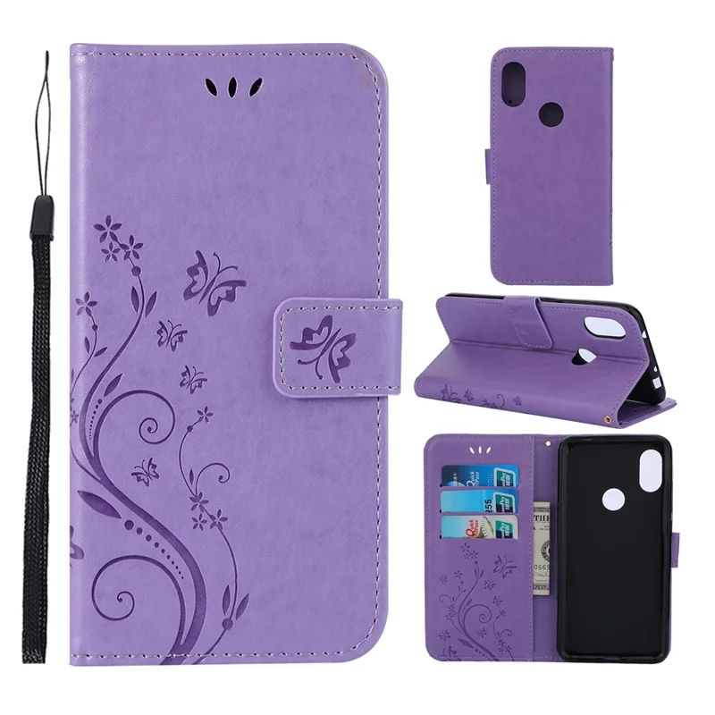 Futeralna skórzana etui z motywem motyla i kwiatów dla Xiaomi Redmi Note 7S / Note 7 / Note 7 Pro (Indie) - Jasnopurpurowy