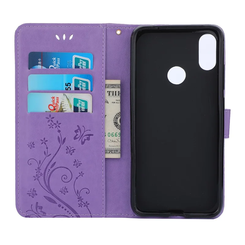 Futeralna skórzana etui z motywem motyla i kwiatów dla Xiaomi Redmi Note 7S / Note 7 / Note 7 Pro (Indie) - Jasnopurpurowy