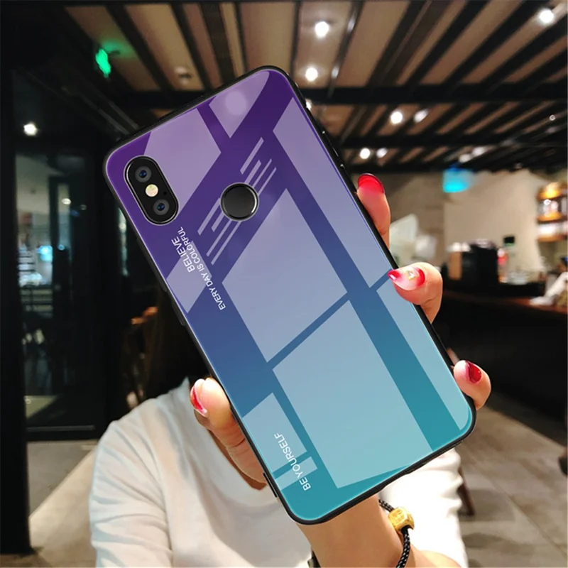 Gradient Glass + TPU + PC Hybrid Back Case for Xiaomi Redmi Note 5 Pro - Purple / Cyan