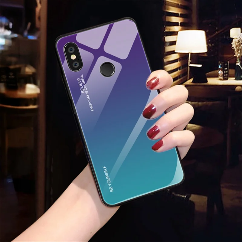 Gradient Glass + TPU + PC Hybrid Back Case for Xiaomi Redmi Note 5 Pro - Purple / Cyan