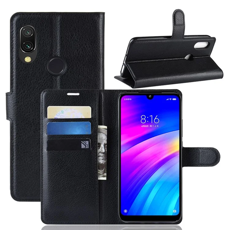 Litchi Skin Wallet Stand Case Для Xiaomi Redmi 7 / Redmi Y3 - Черный