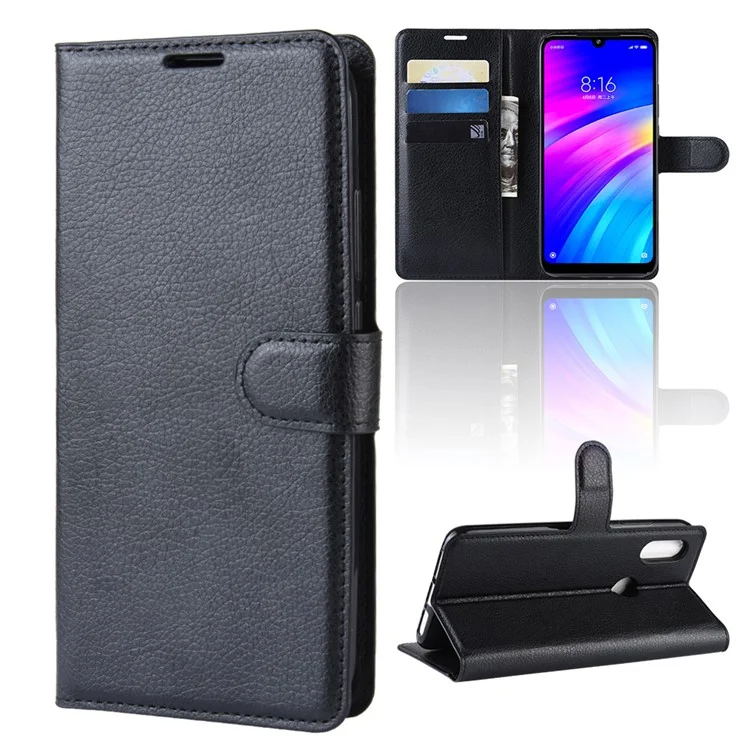 Litchi Skin Wallet Stand Case Для Xiaomi Redmi 7 / Redmi Y3 - Черный