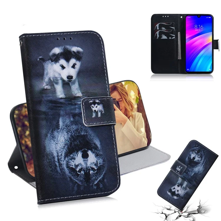 Padrão Printing Wallet Stand Protetive Leather Case Para Xiaomi Redmi 7 / Redmi Y3 - Cão