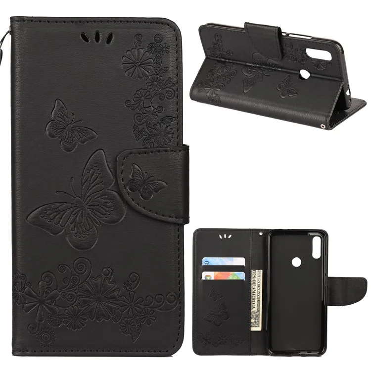 Imprint Butterfly Flowers Leather Stand Wallet Folio Case for Xiaomi Redmi Note 7S / Note 7 / Note 7 Pro (India) - Black