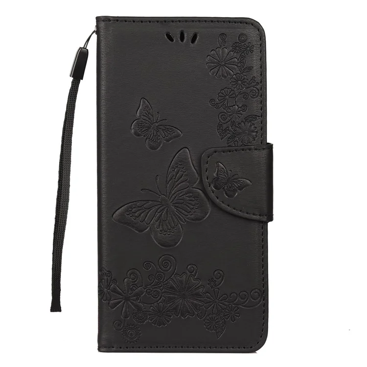 Imprint Butterfly Flowers Leather Stand Wallet Folio Case for Xiaomi Redmi Note 7S / Note 7 / Note 7 Pro (India) - Black