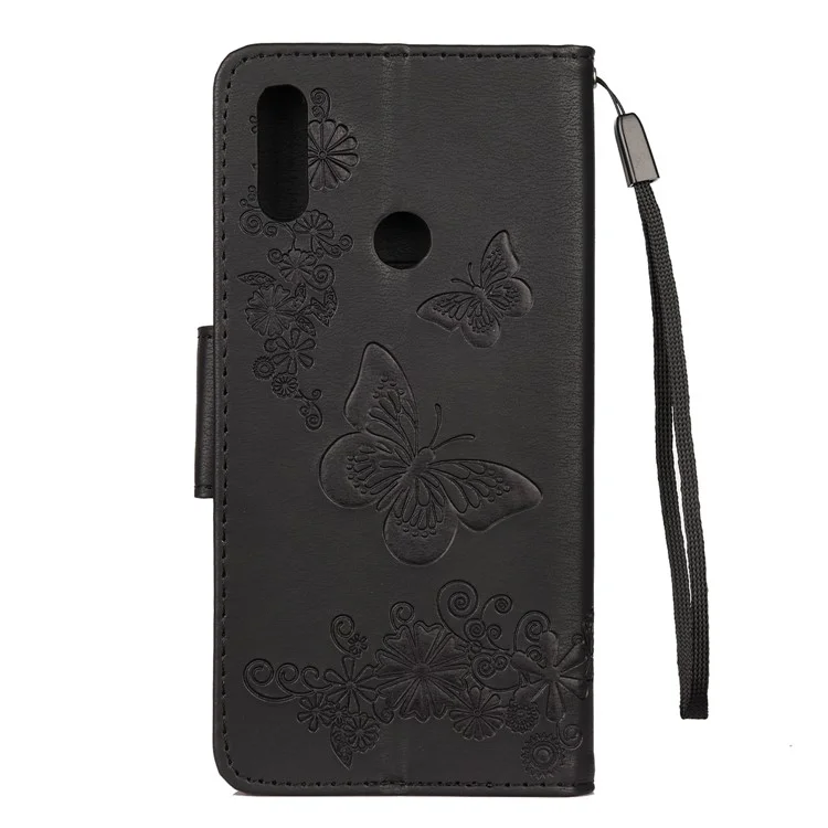 Imprint Butterfly Flowers Leather Stand Wallet Folio Case for Xiaomi Redmi Note 7S / Note 7 / Note 7 Pro (India) - Black