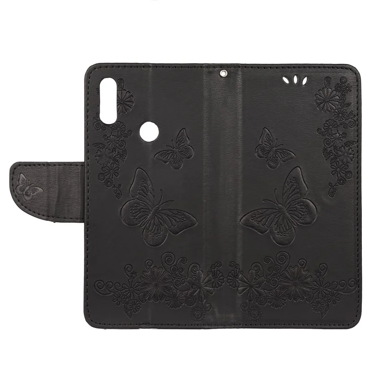 Imprint Butterfly Flowers Leather Stand Wallet Folio Case for Xiaomi Redmi Note 7S / Note 7 / Note 7 Pro (India) - Black