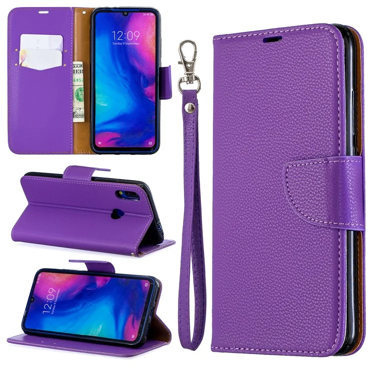 Custodia Portafoglio Litchi Con Custodia In Pelle Con Cinturino Per Xiaomi Redmi Note 7 / Note 7 Pro (india) - Viola