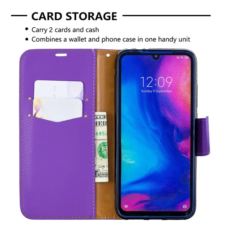 Custodia Portafoglio Litchi Con Custodia In Pelle Con Cinturino Per Xiaomi Redmi Note 7 / Note 7 Pro (india) - Viola