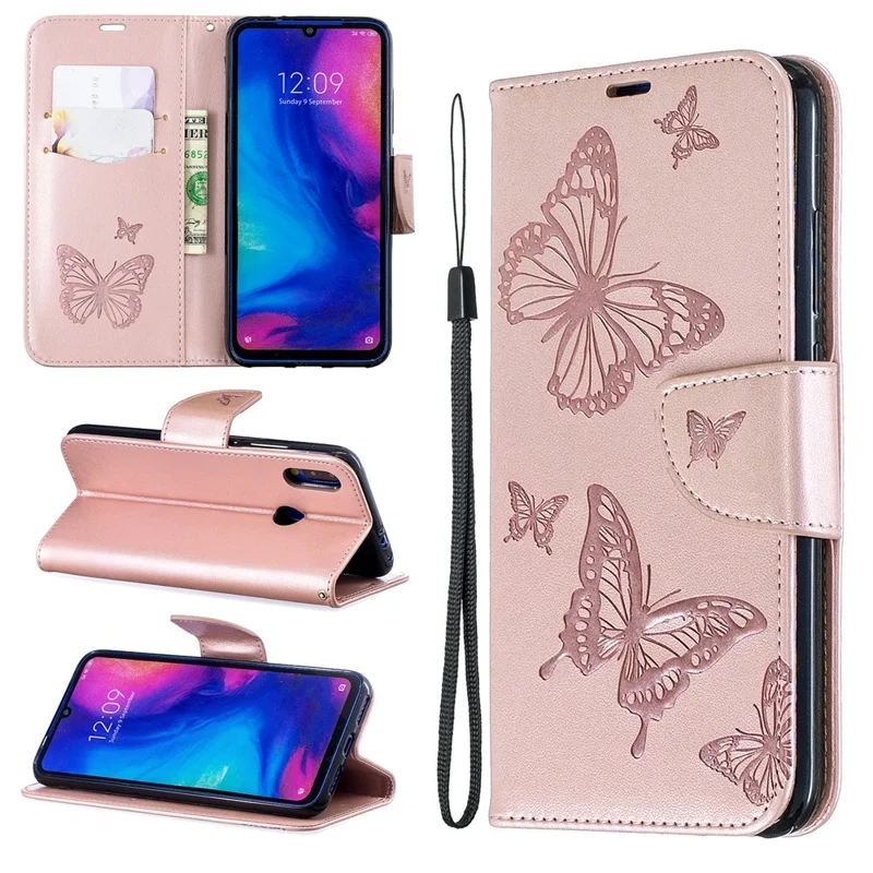 For Xiaomi Redmi Note 7S / Note 7 /Note 7 Pro (India) PU Leather Imprint Butterflies Phone Case - Pink