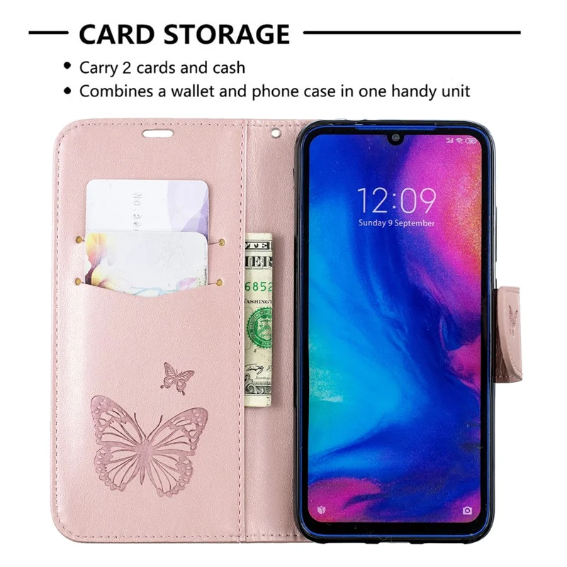 Para Xiaomi Redmi Nota 7S / Nota 7 / Nota 7 Pro (Índia) PU Couro Imprint Butterflies Phone Case - Cor De Rosa