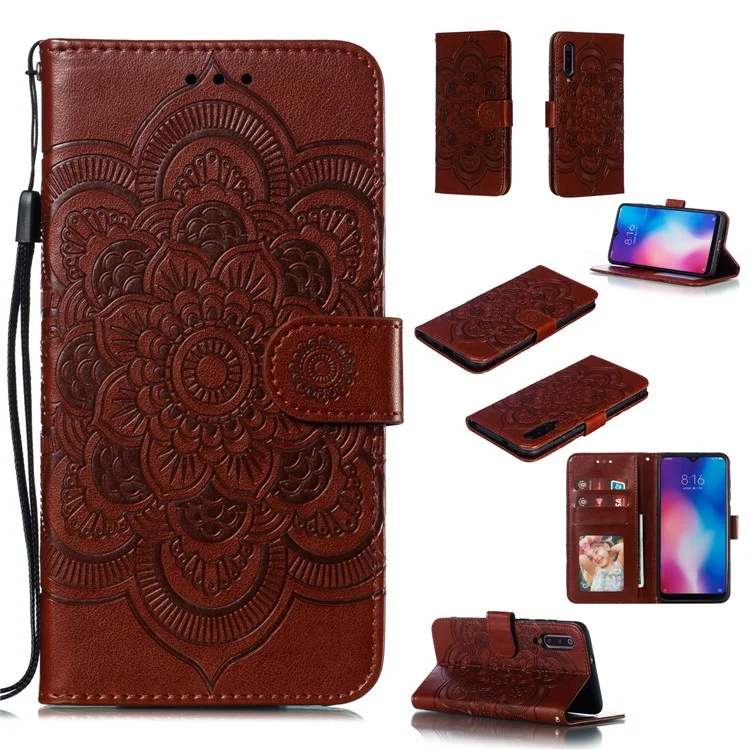 For Xiaomi Mi 9 Imprint Mandala Flower Stand Leather Phone Case Cover - Brown