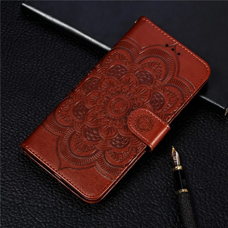 For Xiaomi Mi 9 Imprint Mandala Flower Stand Leather Phone Case Cover - Brown