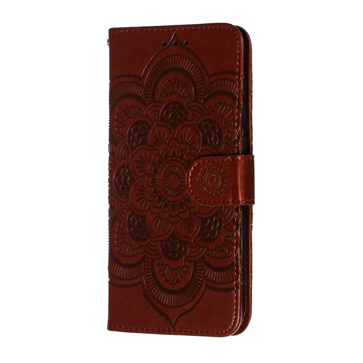 Pour Xiaomi Mi 9 Empreinte Mandala Fleur Stand en Cuir Couvercle du Boîtier en Cuir - Brun