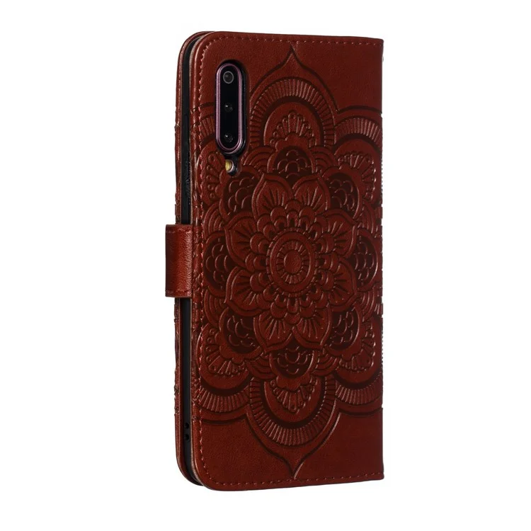 For Xiaomi Mi 9 Imprint Mandala Flower Stand Leather Phone Case Cover - Brown