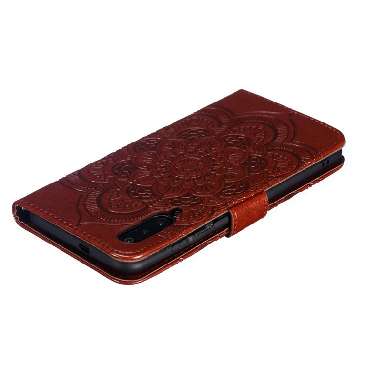 For Xiaomi Mi 9 Imprint Mandala Flower Stand Leather Phone Case Cover - Brown