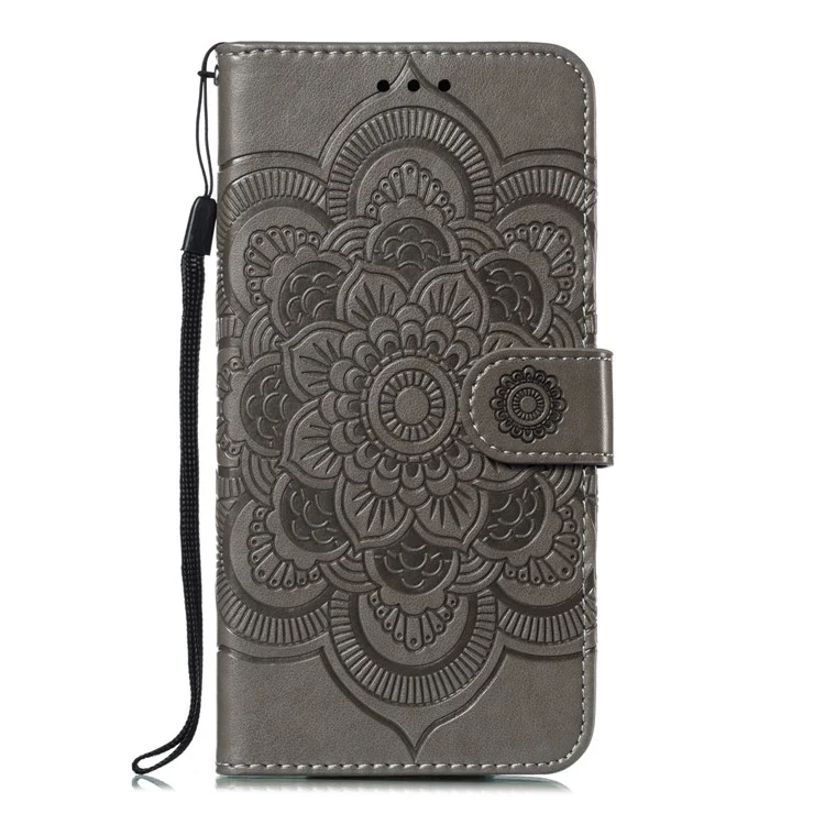 For Xiaomi Mi 9 SE Imprint Mandala Flower Phone Cover Wallet Leather Case - Grey