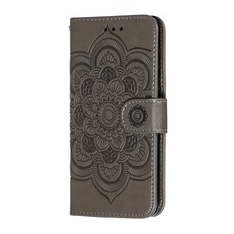 Para Xiaomi Mi 9 SE Impresión de Mandala Mandala Flower Telep Cover Willet Case de Cuero - Gris