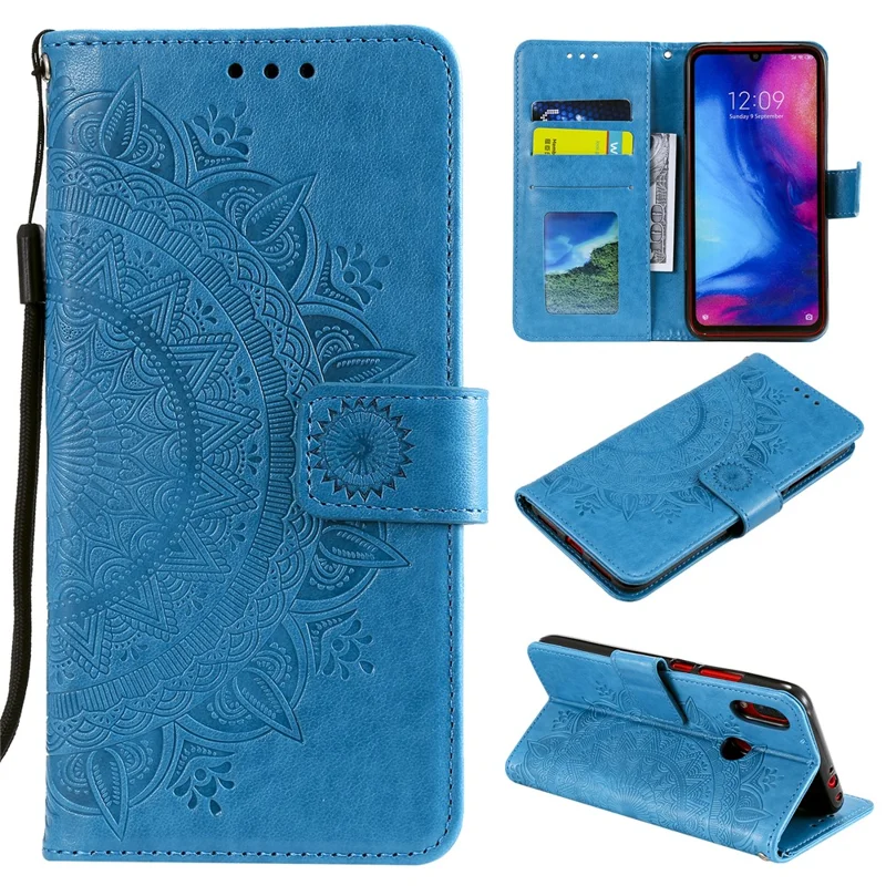 Imprint Mandala Pattern Wallet Stand Leather Flip Case for Xiaomi Redmi Note 7S / Note 7 / Note 7 Pro (India) - Blue
