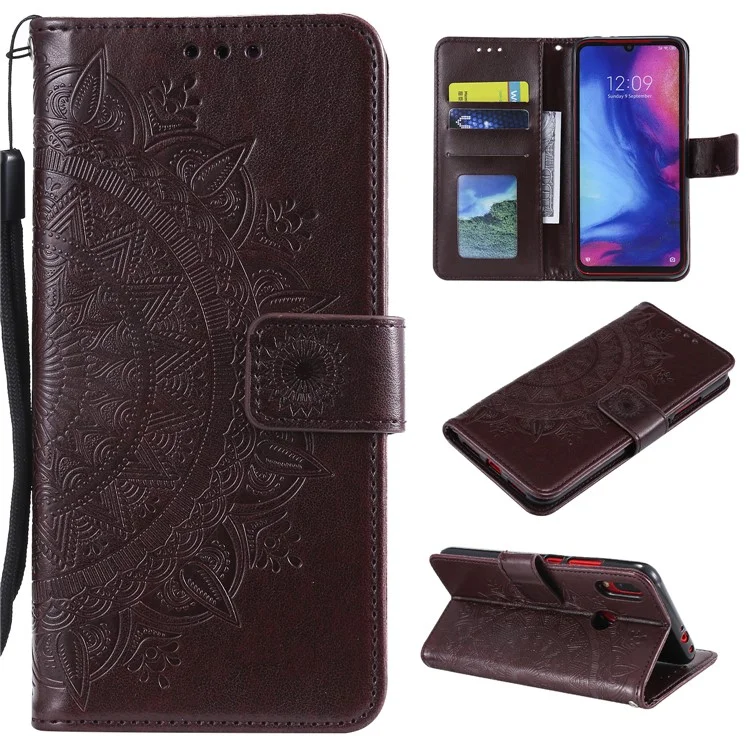 Imprint Mandala Pattern Wallet Stand Leather Flip Case for Xiaomi Redmi Note 7S / Note 7 / Note 7 Pro (India) - Dark Brown