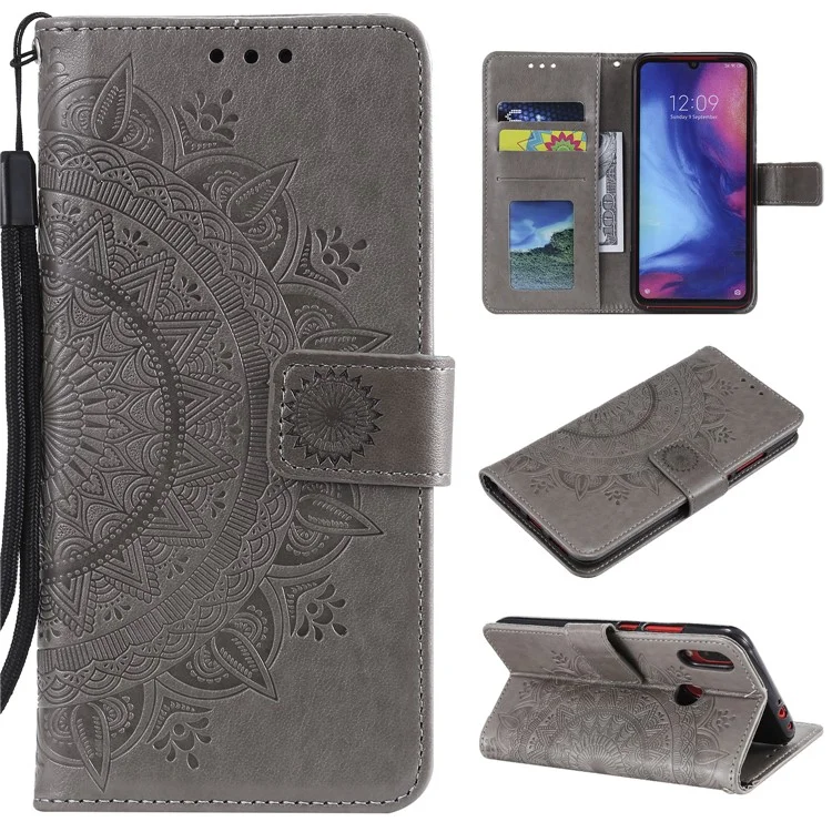 Imprint Mandala Pattern Wallet Stand Leather Flip Case for Xiaomi Redmi Note 7S / Note 7 / Note 7 Pro (India) - Grey