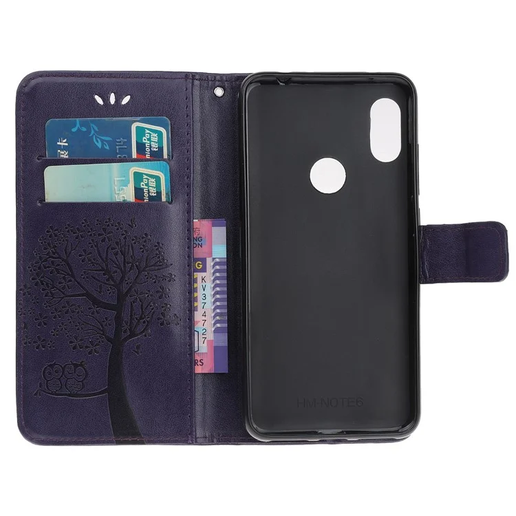 Imprint Tree Owl Wallet Stand Leather Flip Phone Case for Xiaomi Redmi Note 7S / Note 7 / Note 7 Pro (India) - Dark Purple