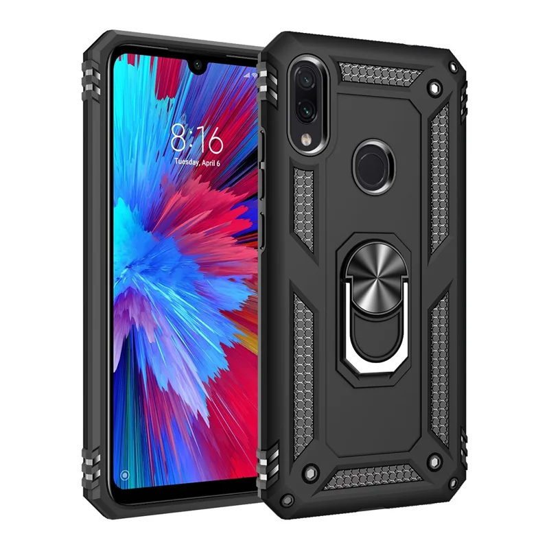 360 Degree Rotatable Ring Kickstand Armor PC+TPU Phone Cover for Xiaomi Redmi Note 7 / Note 7S / Note 7 Pro (India) - Black