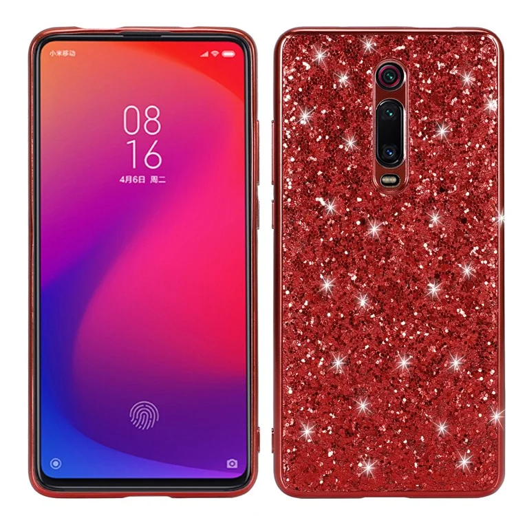 Sparkle Sequins Electroplating TPU Frame+PC Telephip Para Xiaomi Redmi K20 Pro/Redmi K20 Pro/Mi 9T/Mi 9T Pro - Rojo