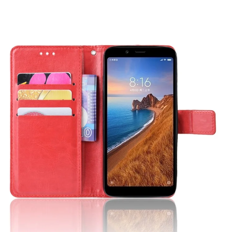 Crazy Horse Texture Leather Stand Wallet Phone Shell for Xiaomi Redmi 7A - Red