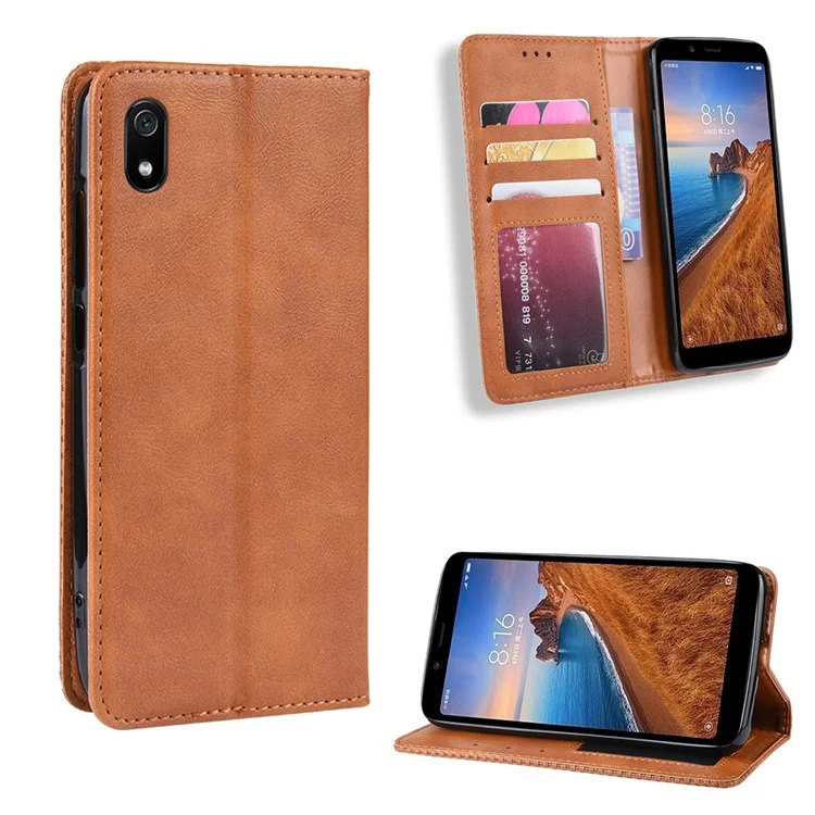 Vintage Style PU Leather Wallet Phone Cover for Xiaomi Redmi 7A - Brown