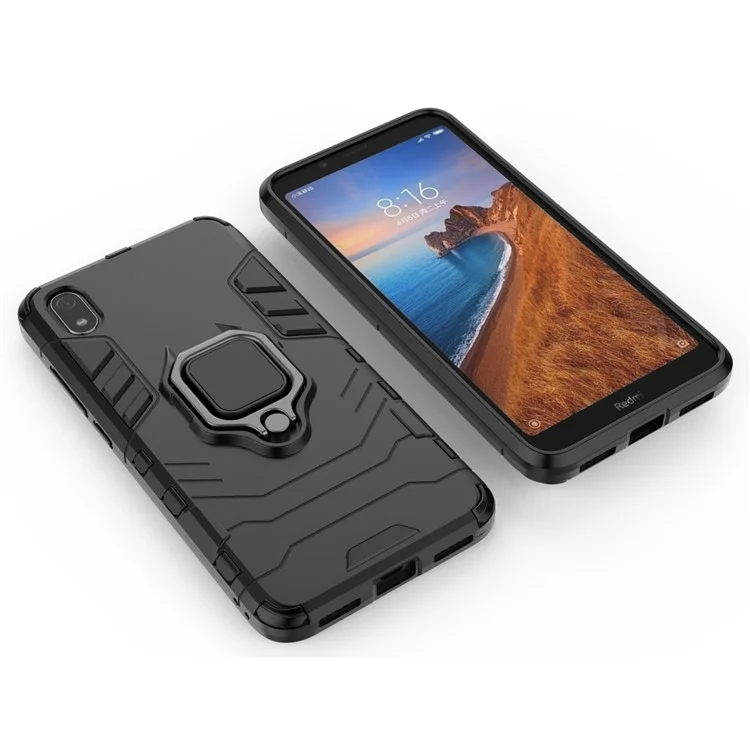 Cool Guard Ring Holder Kickstand PC TPU Hybrid Case for Xiaomi Redmi 7A - Black