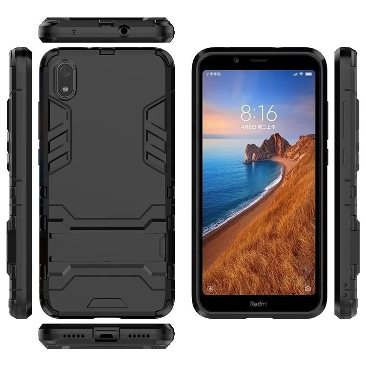 Plástico + Tpu Híbrido de Telefone Com Kickstand Para Xiaomi Redmi 7a - Preto