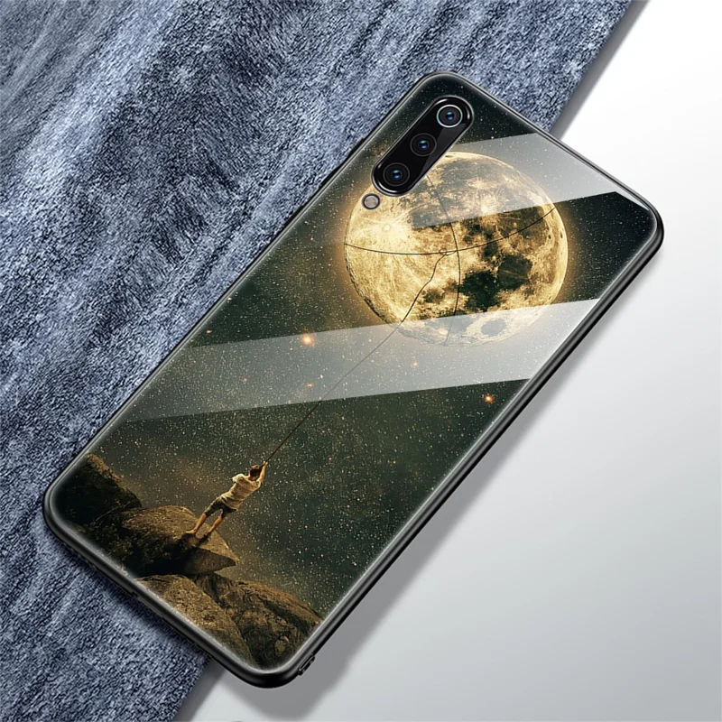 Pattern Printing Tempered Glass + TPU Back Shell for Xiaomi Mi 9 - Moon Picking Man