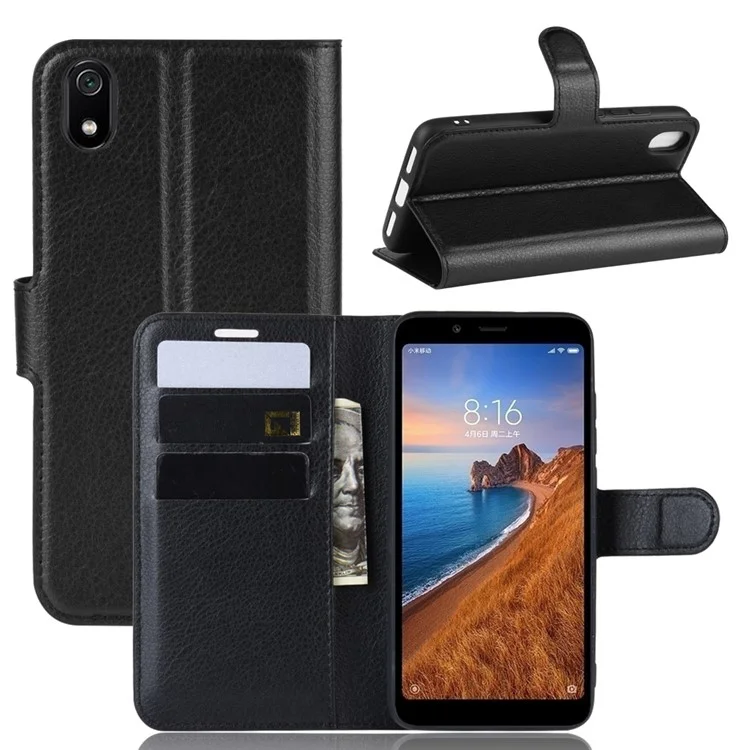 Litchi Textur Brieftasche PU Leder Stand Telefongehäuse Für Xiaomi Redmi 7a - Schwarz