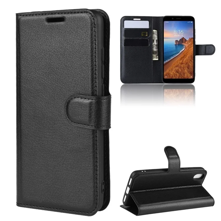 Litchi Texture Wallet PU Leather Stand Phone Casing for Xiaomi Redmi 7A - Black