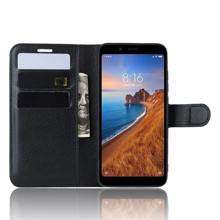 Litchi Texture Wallet PU Leather Stand Phone Casing for Xiaomi Redmi 7A - Black