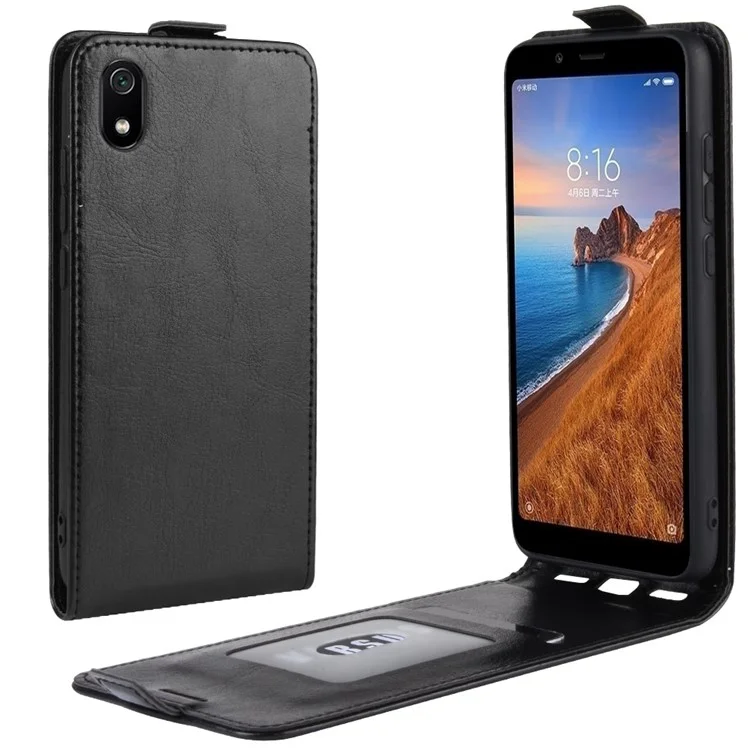 Crazy Cavalo Textura Vertical Flip De Couro Titular Do Telefone Protetor Shell Para Xiaomi Redmi 7a - Preto