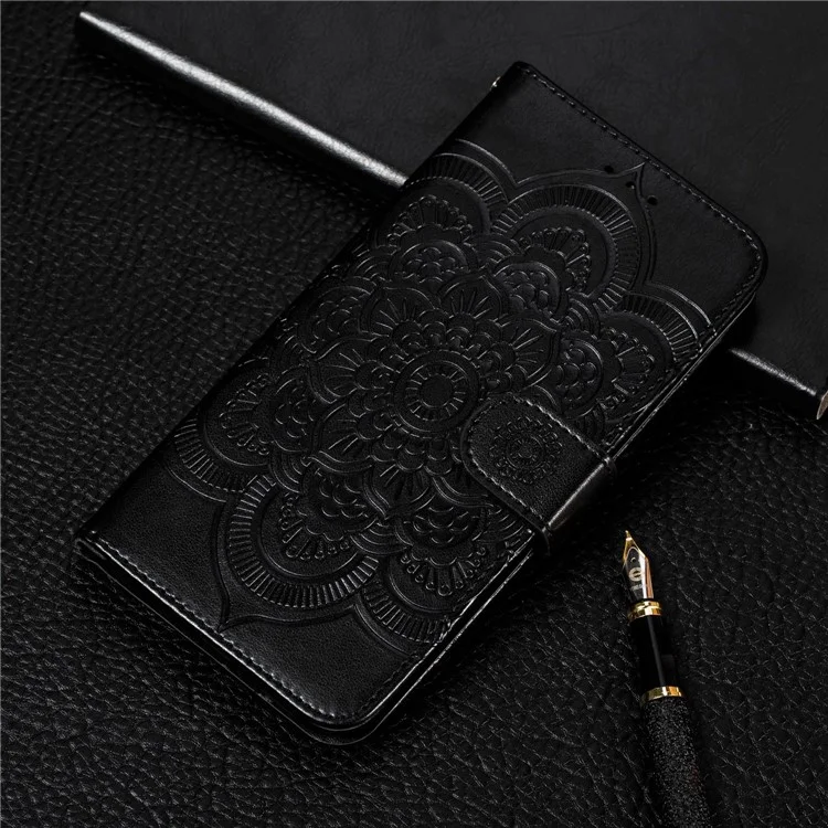 Imprint Mandala Blumen-Lederbrieftasche für Xiaomi Redmi K20 / Mi 9T / Redmi K20 Pro / Mi 9T Pro - Schwarz