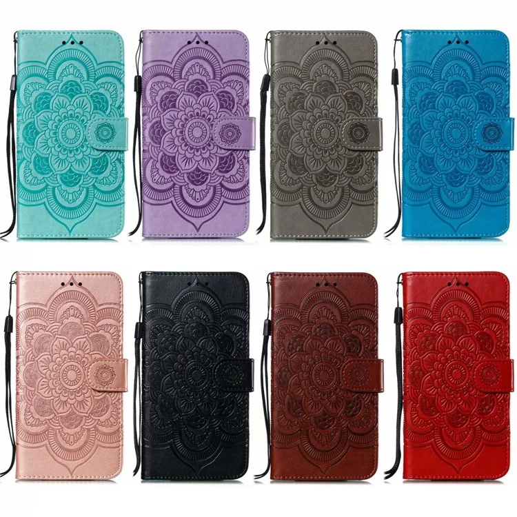 Imprint Mandala Blumen-Lederbrieftasche für Xiaomi Redmi K20 / Mi 9T / Redmi K20 Pro / Mi 9T Pro - Schwarz