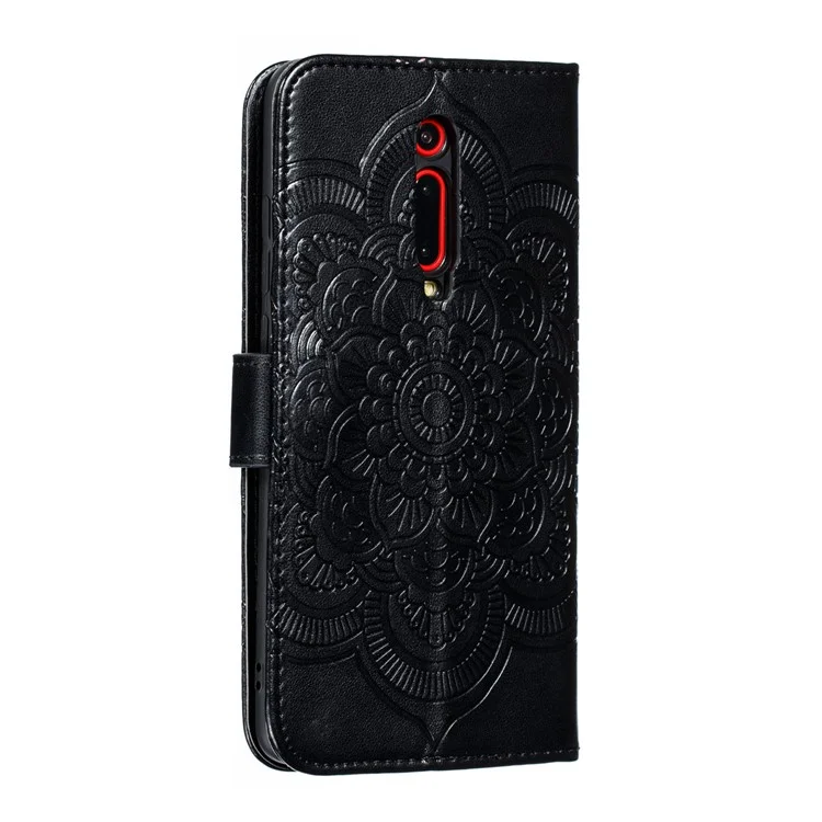 Imprint Mandala Blumen-Lederbrieftasche für Xiaomi Redmi K20 / Mi 9T / Redmi K20 Pro / Mi 9T Pro - Schwarz