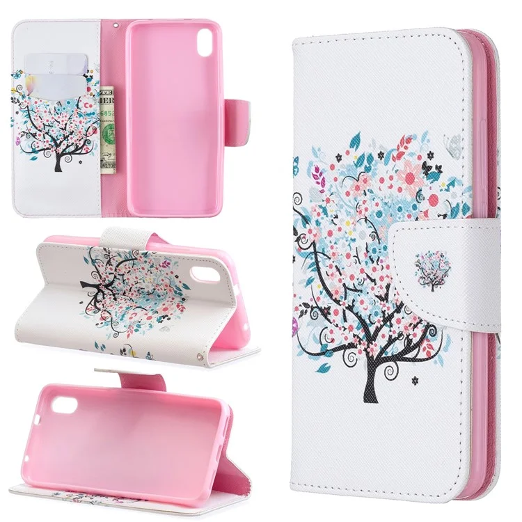 Estilo de Impresión PU Cuero Flip Stand Case de Teléfono Para Xiaomi Redmi 7a - Árbol de Flores